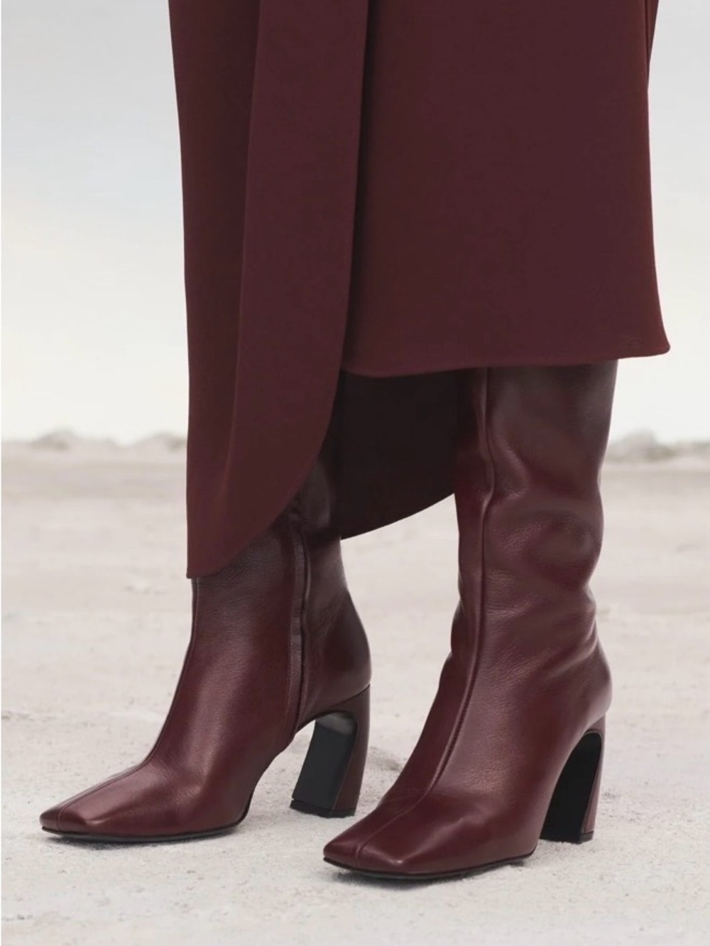 Zara Leather Oxblood KneeHigh Square Toe Architectural Heel Boots - Size 10 NEW - Picture 9 of 16